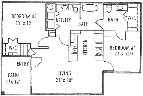 A floor plan of a home with a living area, two bedrooms, a patio, a kitchen, a utility room, and a bathroom.